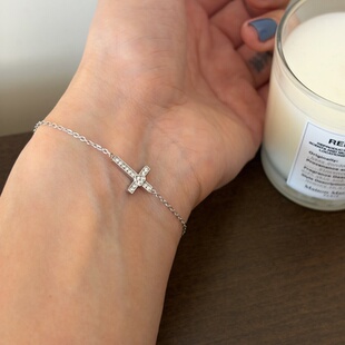 734钛钢不掉色可洗澡亮晶晶白金色十字架爱心手链