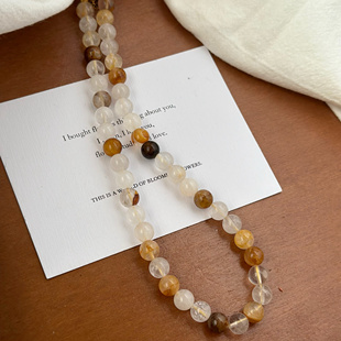 734天然水晶石串珠项链女款轻奢小众设计感高级锁骨链黄胶花