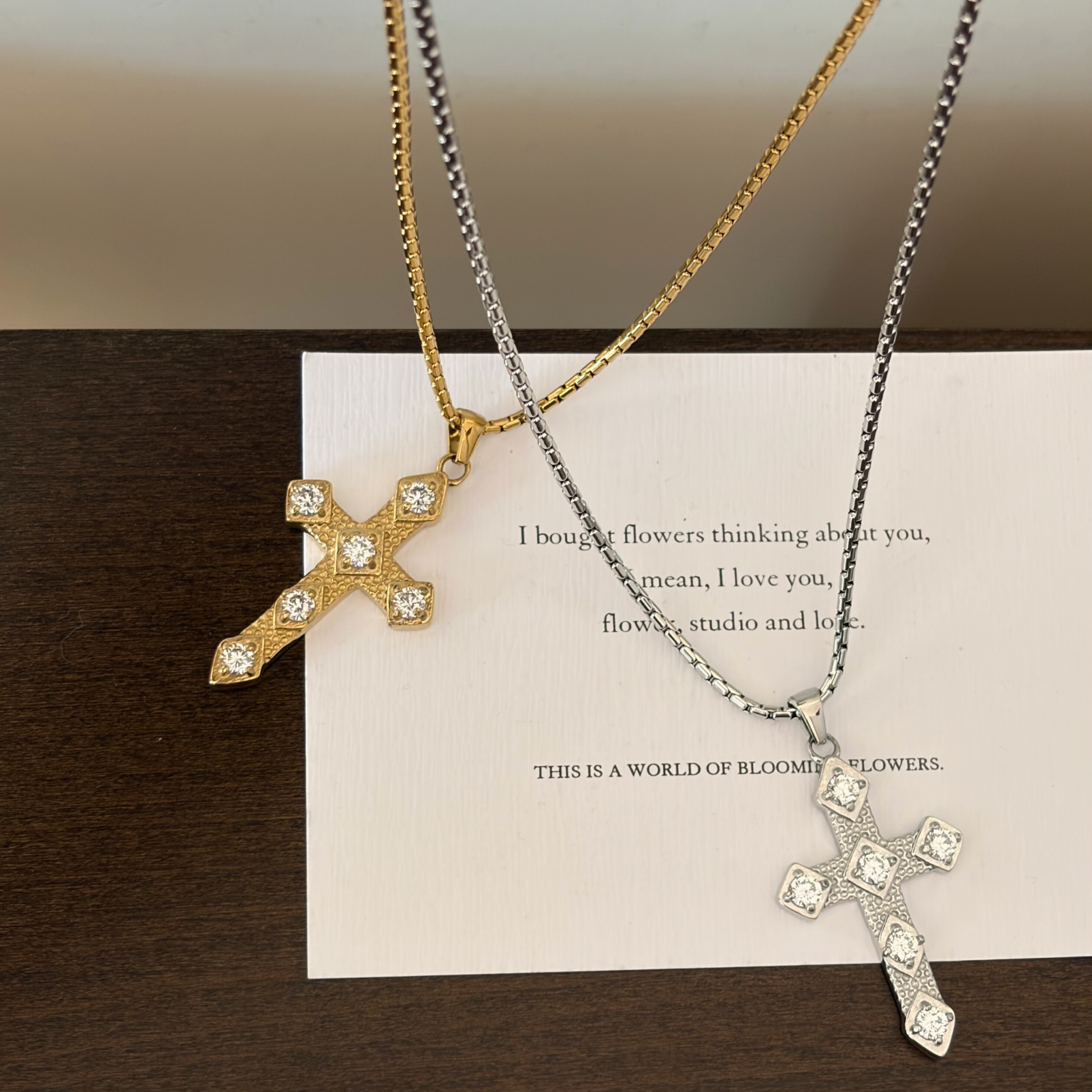 734钛钢欧美夸张精工铸造毛衣链爆闪镶嵌十字架项链