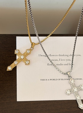 734钛钢欧美夸张精工铸造毛衣链爆闪镶嵌十字架项链