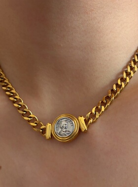 734钛钢夸张金银拼色锁骨链圆盘罗马钱币古巴项链