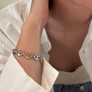 手饰简约可洗澡 734钛钢复古精工几何爱心金银拼色手链欧美个性