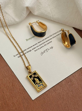 钛钢洗澡不掉色复古黑色耳圈滴釉耳环轻奢气质耳饰女耳扣