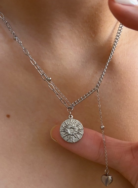 734钛钢不掉色可洗澡双层拼接太阳项链月亮爱心锁骨链白金色