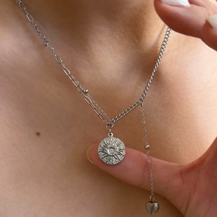734钛钢不掉色可洗澡双层拼接太阳项链月亮爱心锁骨链白金色