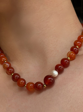 734钛钢磁吸新款复古轻奢天然纹理红玛瑙串珠项链小众个性锁骨链