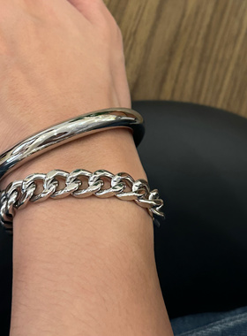 734钛钢不掉色银色手环夸张手镯精工加粗重工古巴手链男