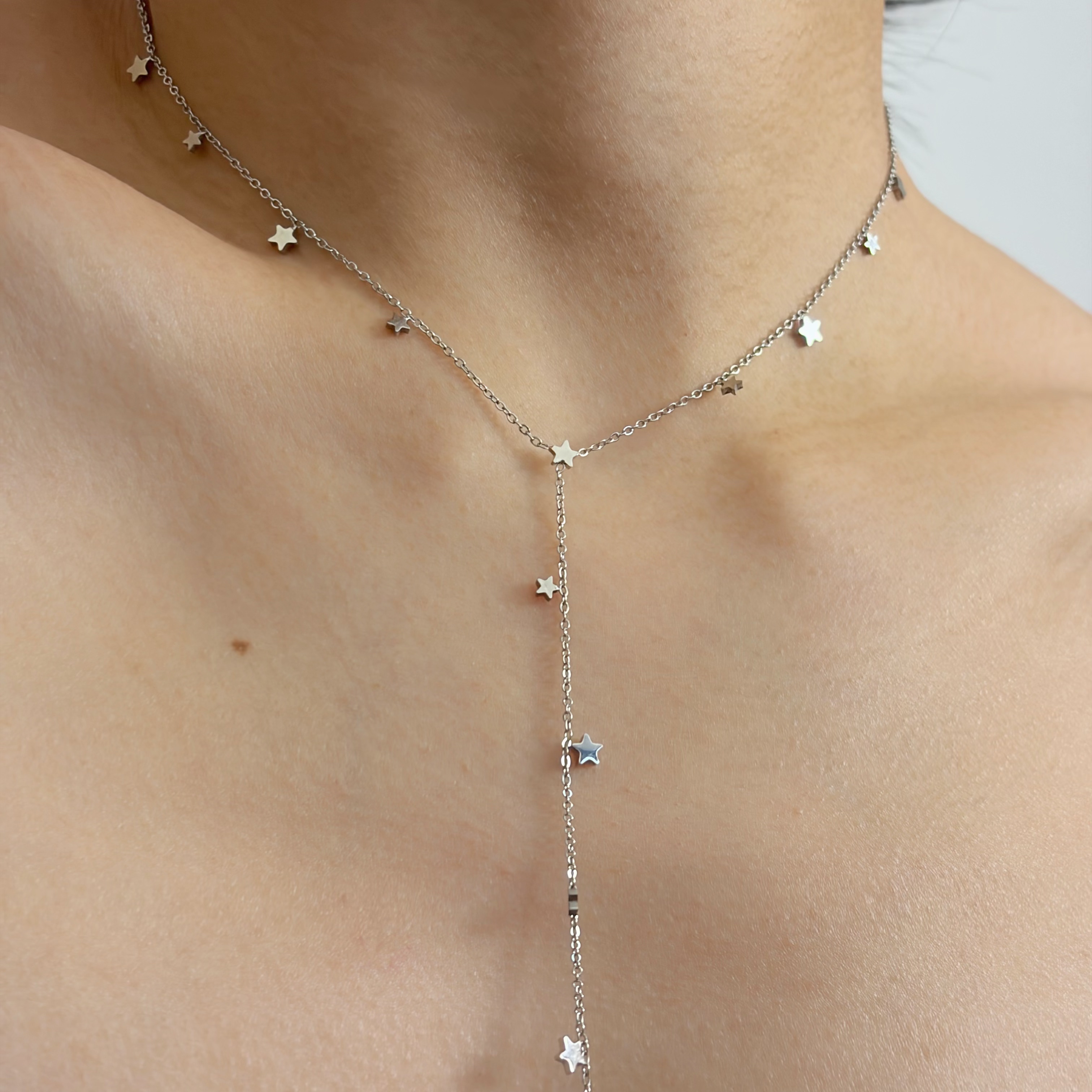 734钛钢白金色时尚气质长款Y型项饰颈链小众甜酷流苏星星毛衣链