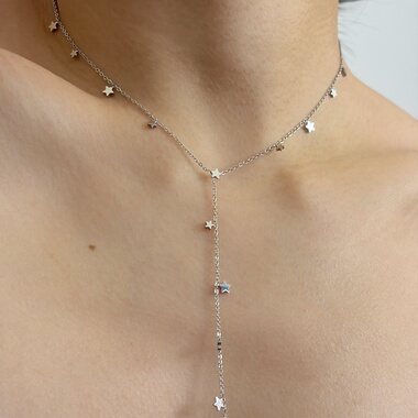 734钛钢白金色时尚气质长款Y型项饰颈链小众甜酷流苏星星毛衣链