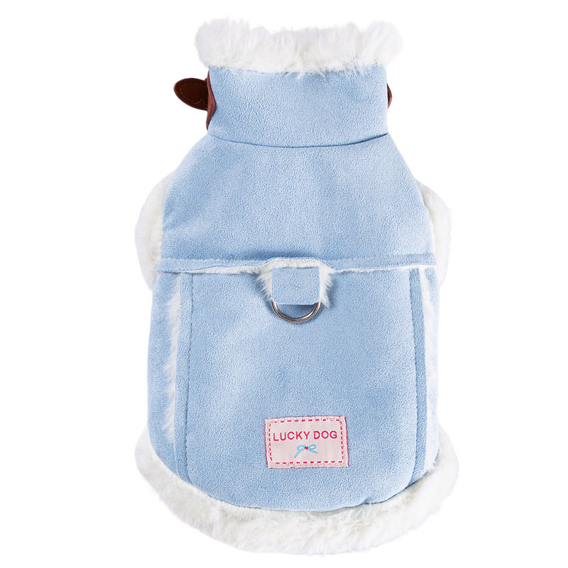 宠物衣服冬天加厚加绒麂皮绒可牵引中小型犬猫咪两脚狗狗比熊服饰