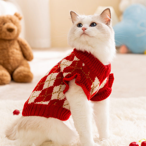 秋冬季猫咪小飞袖无毛猫加厚针织衫菱形刺绣樱桃狗狗毛衣宠物衣服
