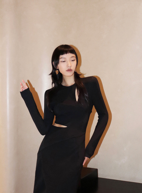 INBUILT 黑色修身高级感御姐连衣裙秋冬性感镂空气质针织长袖长裙