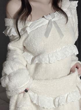 少萝嫩秋甜美纯欲公主风睡衣秋冬蕾丝加厚睡裙法兰绒保暖家居服