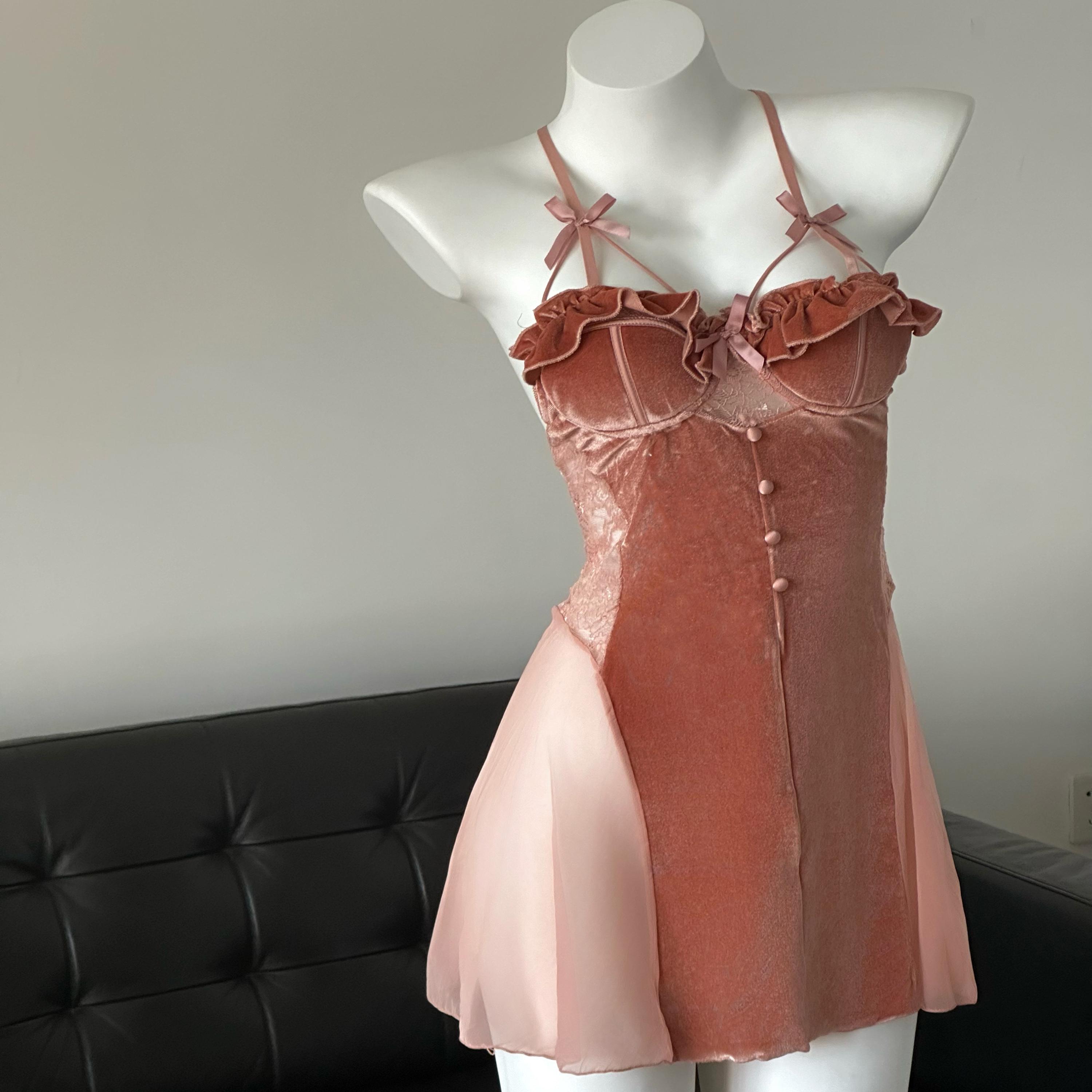 ind千山暮雪*性感睡衣女小胸睡衣丝绒带胸垫露背吊带睡裙家居服