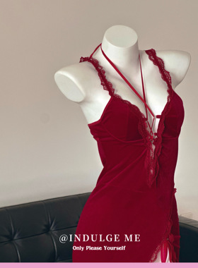 indulgeme红磨坊*欧美吊带睡衣女性感丝绒酒红性感紧身包臀裙睡裙