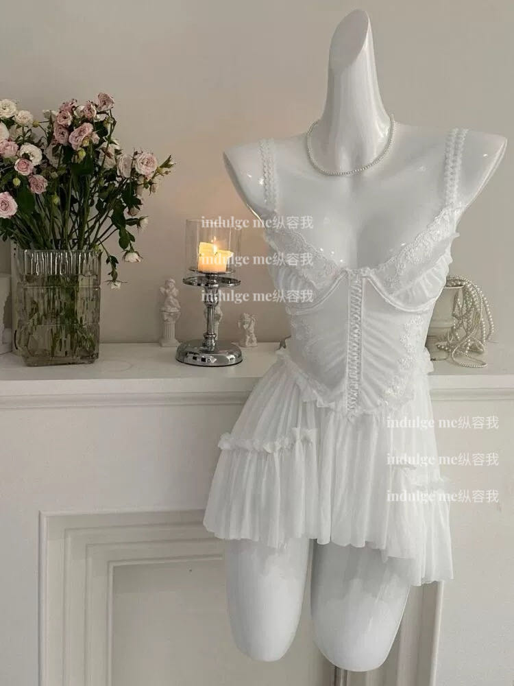 indulge me天鹅湖*新款纯欲甜美蕾丝吊带睡裙芭蕾舞感法式浪漫白