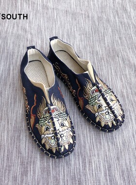夏民族风男鞋懒人一脚蹬老北京手工刺绣中国风百搭社会男士单布鞋