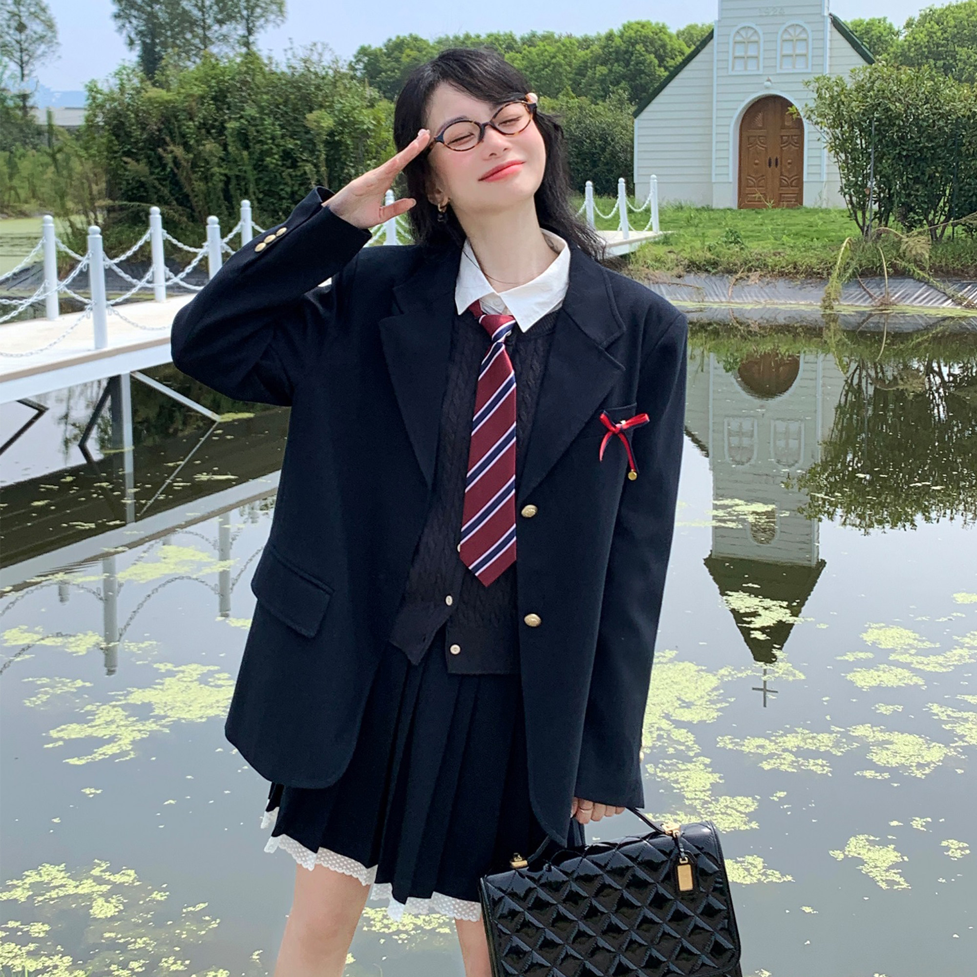 【6折清仓】Murrmure 美高学姐 学院风百褶裙套装宽松两件套女