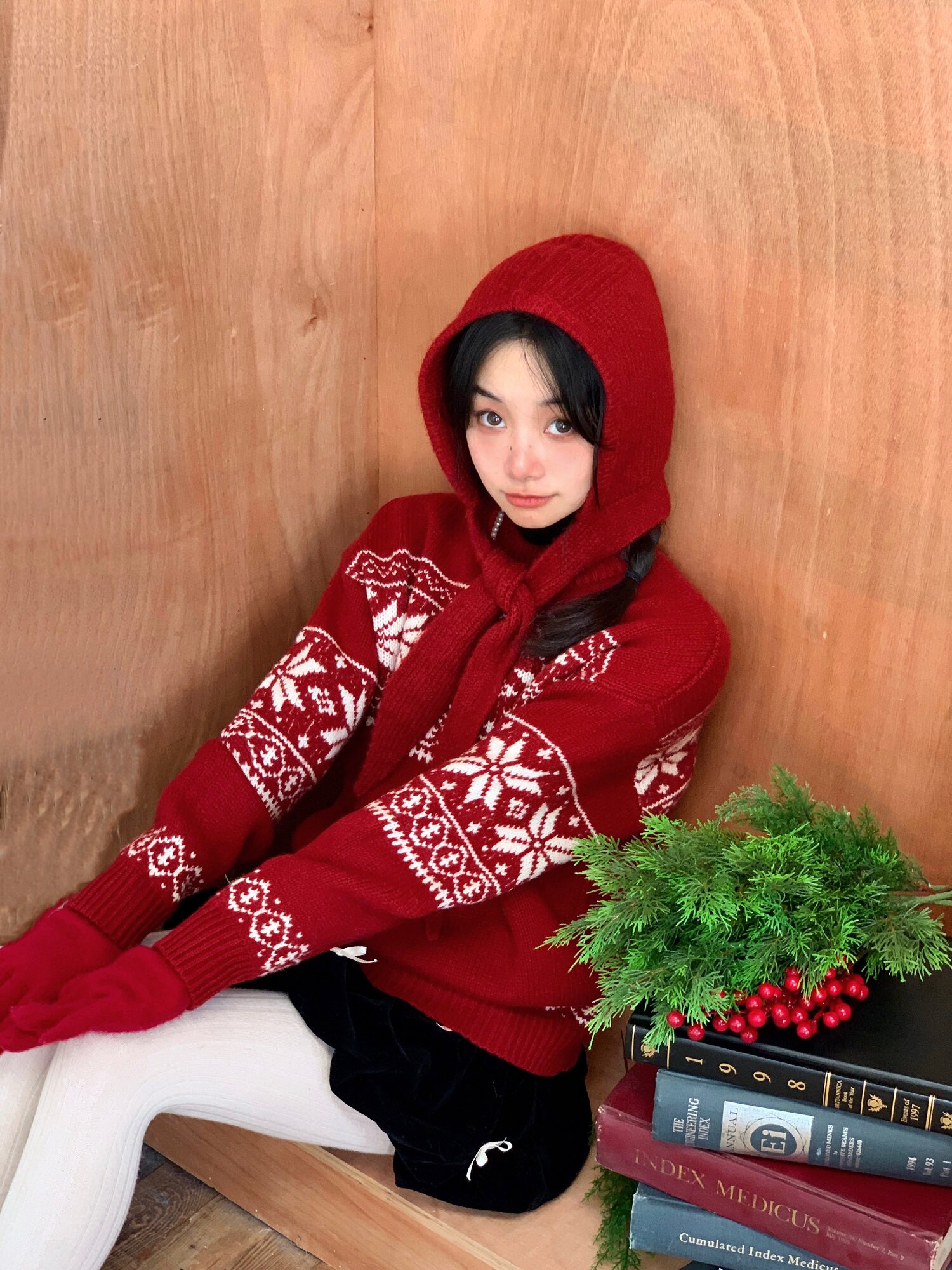 【6折清仓】Murrmure 雪花圣诞 圆领长袖宽松红色全羊毛毛衣女