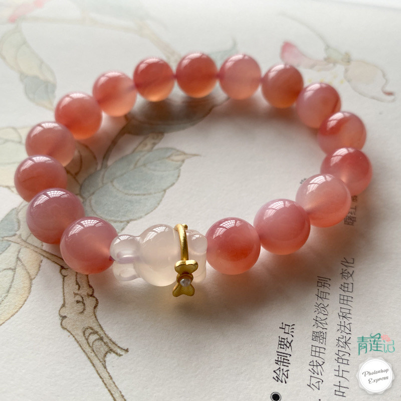 【青莲记】原创设计天然非洲红玛瑙圆珠兔子甜美少女手串手链
