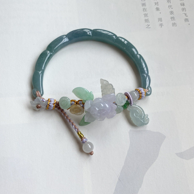 【青莲记】原创设计纯手工编织天然A货翡翠秀气半镯繁花手链