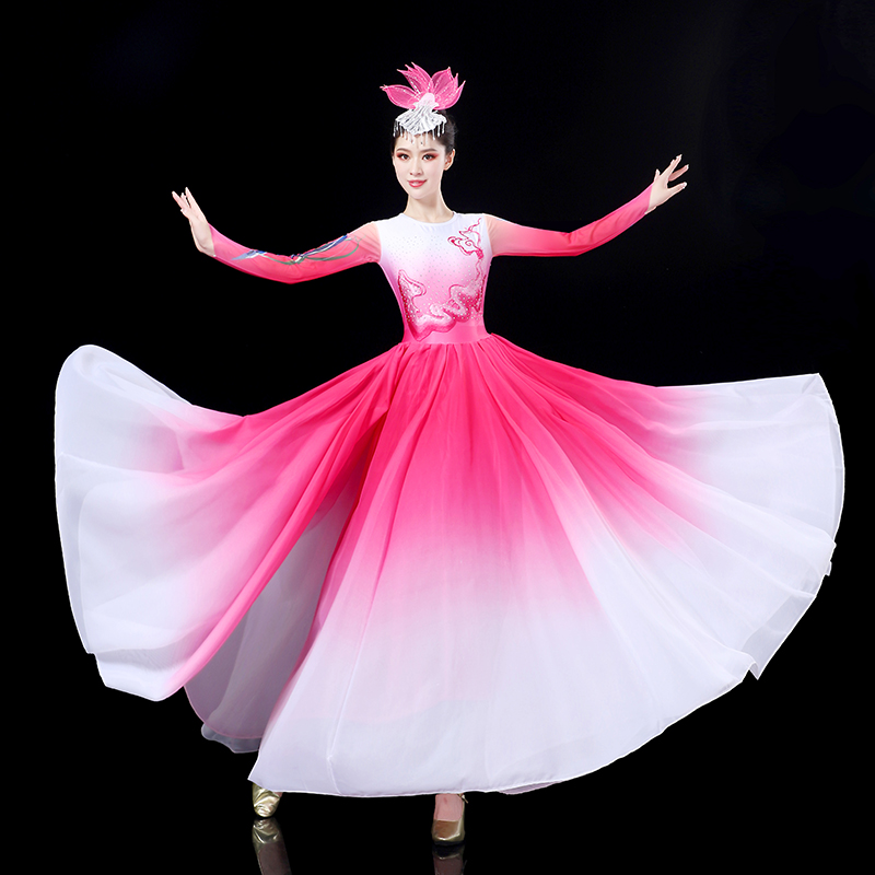 720度大摆舞蹈裙雪纺连衣裙渐变色开场舞跳舞伴舞演出服双层大气