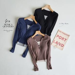 t恤女秋冬外穿内搭打底衫 带胸垫 假两件长袖 短款 文胸一体上衣 韩版