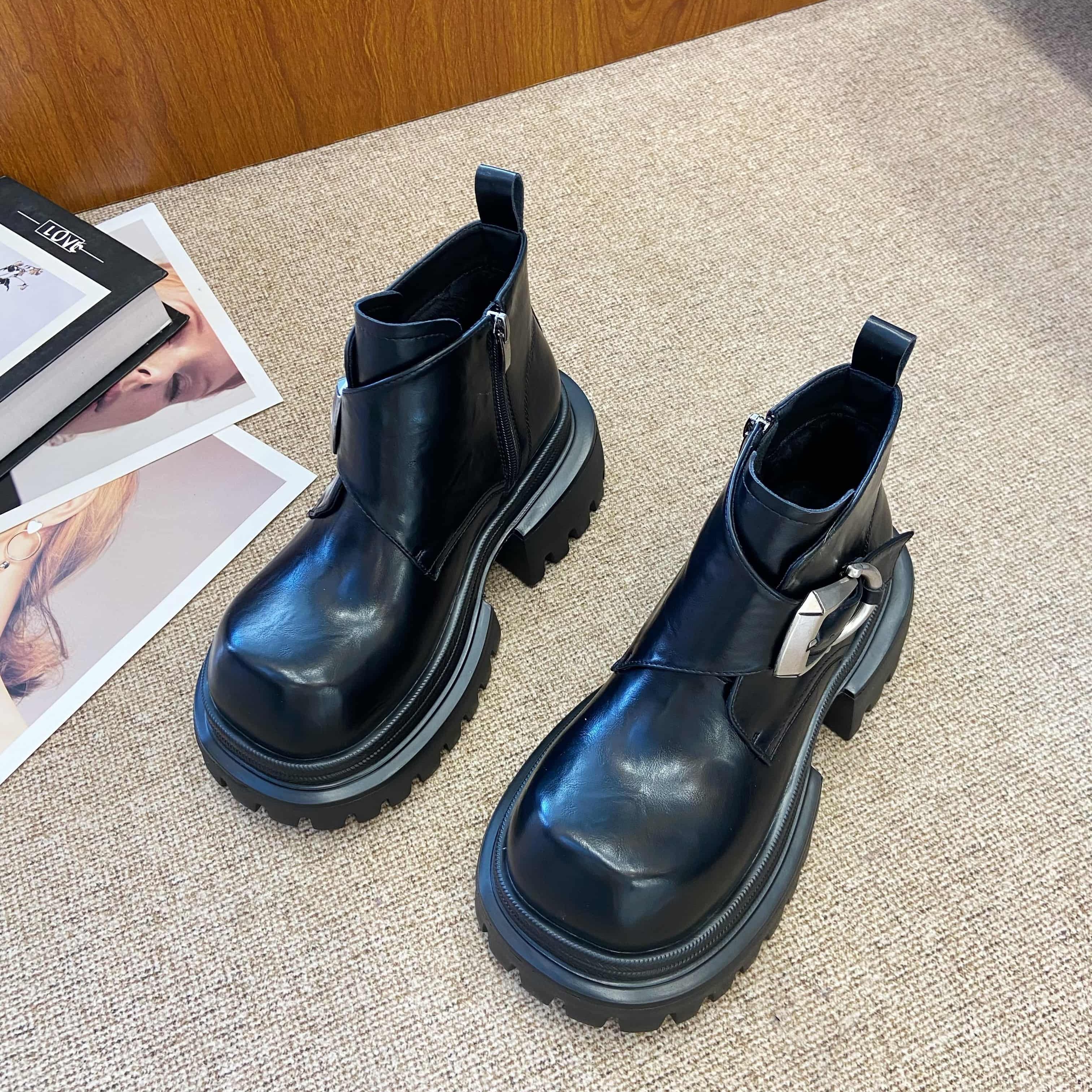 牛皮增高厚底加绒机车靴