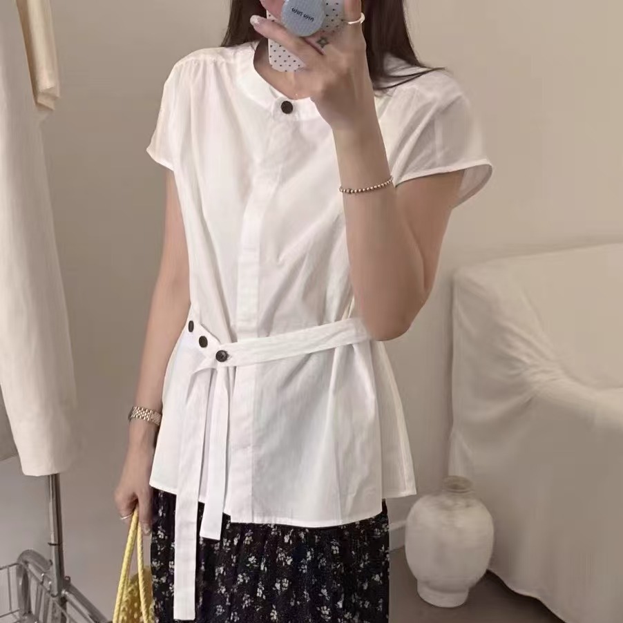 韩版简约复古绑带收腰小飞袖衬衫女夏新款别致洋气纯欲风气质上