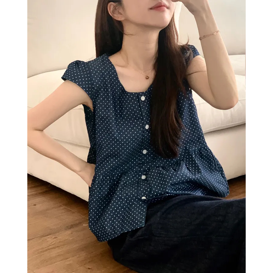 波点圆领衬衫女夏季时尚减龄娃娃衫小飞袖上衣