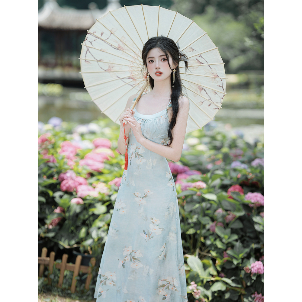 新中式复古晕染吊带连衣裙+开衫两件套
