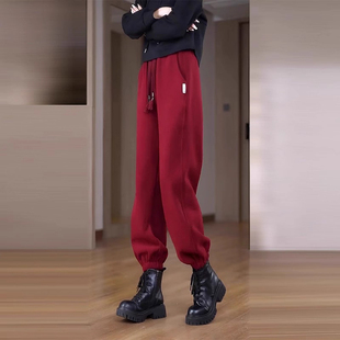 清仓捡漏酒红色卫裤女加绒加厚运动裤秋冬外穿保暖宽松休闲束脚裤