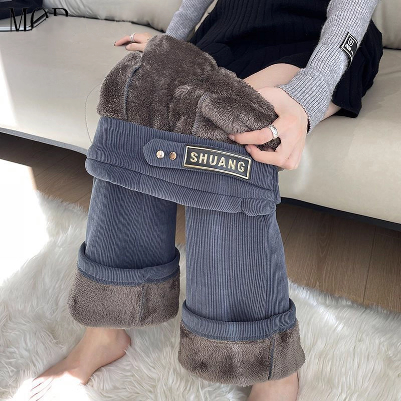 保暖羊羔绒休闲裤高腰直筒阔腿裤