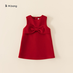 贝贝城女童毛呢子背心裙秋冬款儿童蝴蝶结连衣裙宝宝红色周岁礼服