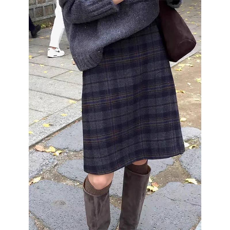 复古格子毛呢A字半身裙