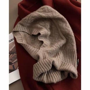 秋冬羊绒连帽围脖一体针织扭花帽子女保暖护耳围巾套头包头帽韩