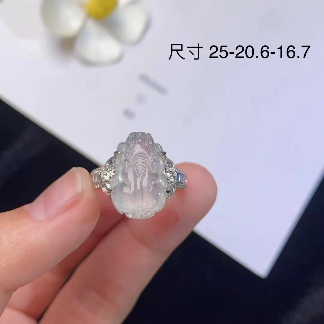 天然a货翡翠玉戒指老坑玻璃种白冰貔貅翡翠戒指缅甸翡翠钻石戒指