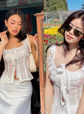 茉莉梨花 夏外穿蝴蝶结绑带开叉初恋花边拼接系带小个子背心上衣