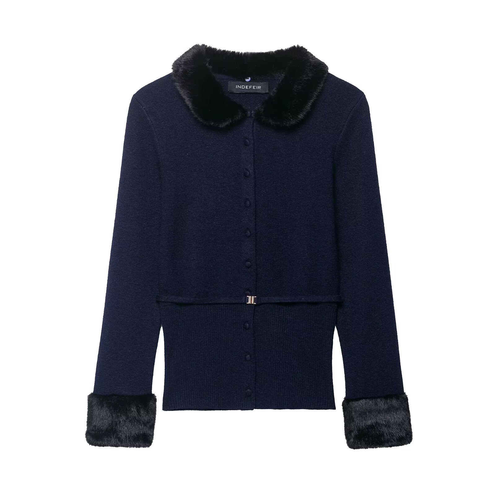 人造皮草效果拼接针织外套