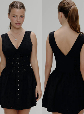 冷感清凉 黑色V领无袖收腰显瘦连衣裙花朵刺绣前排扣休闲背心裙女