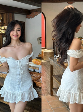 微迷蔷薇 初恋小个子白色初恋镂空刺绣绑带气眼一字肩短袖连衣裙