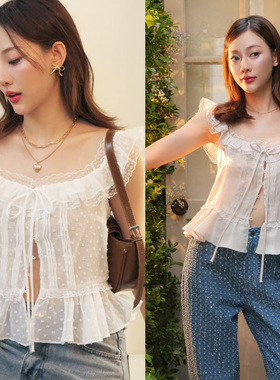 奶芙云朵 蕾丝领收腰显瘦无袖上衣荷叶边镂空海岛度假透视开衫女