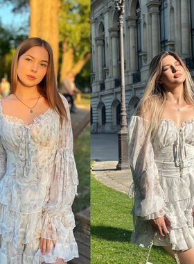 海盐薄荷 法式浪漫绑带水墨印花木耳长袖雪纺连衣裙独家甜美短裙