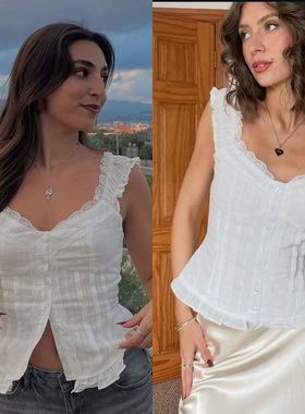 花田光影 花边拼接后背松紧修身白色木耳小上衣无袖收腰微透感女