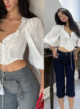 薄纱月光 欧美镂空绣花绑带木耳灯笼袖白衬衫收腰性感微透短上衣