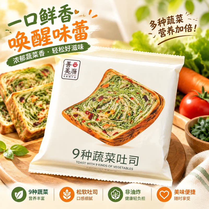 九种蔬菜吐司松软多夹心非油炸营养加倍居家早餐轻食代餐蔬菜面包