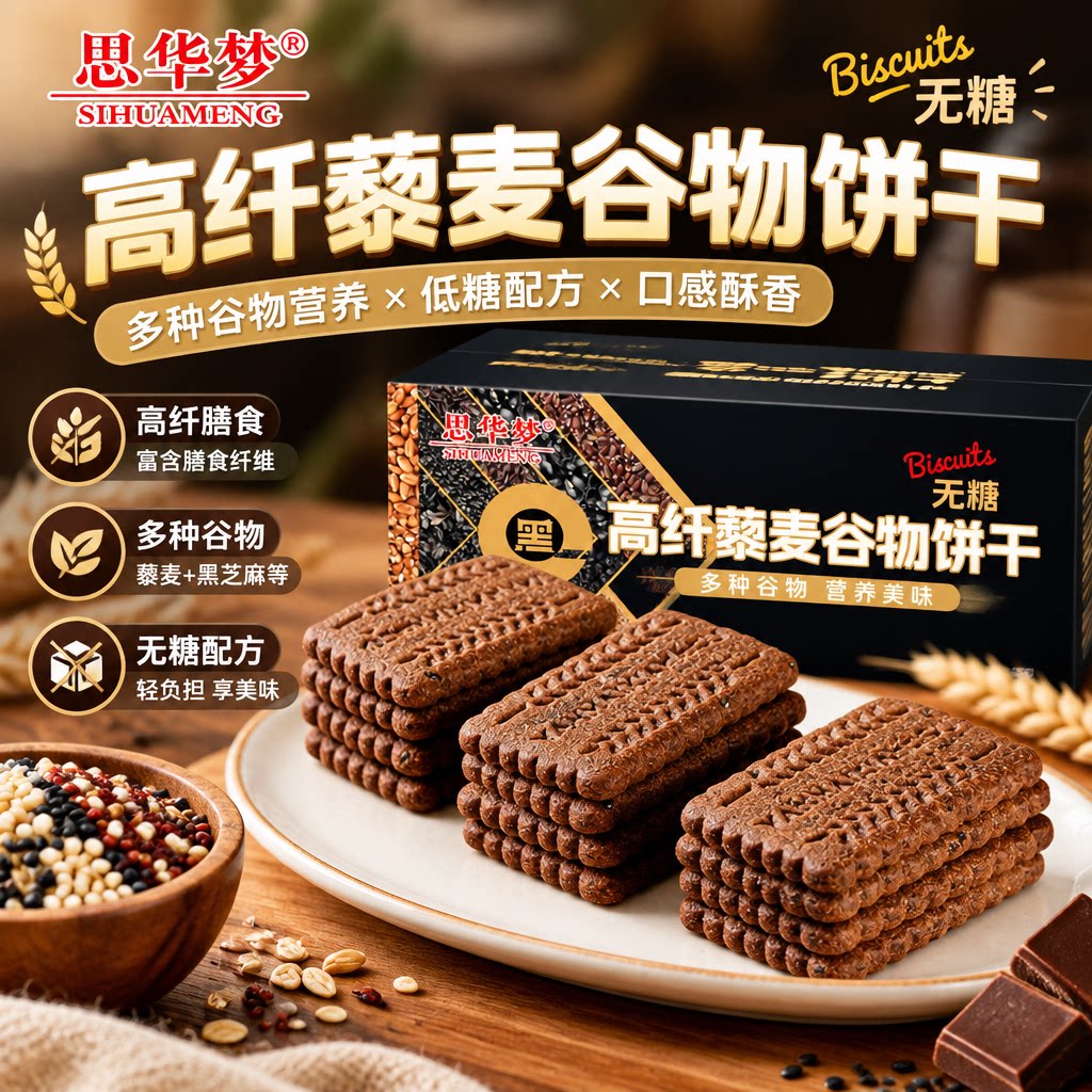 无蔗糖高纤藜麦谷物饼干粗粮饱腹零食中老年日常加餐随身便携点心