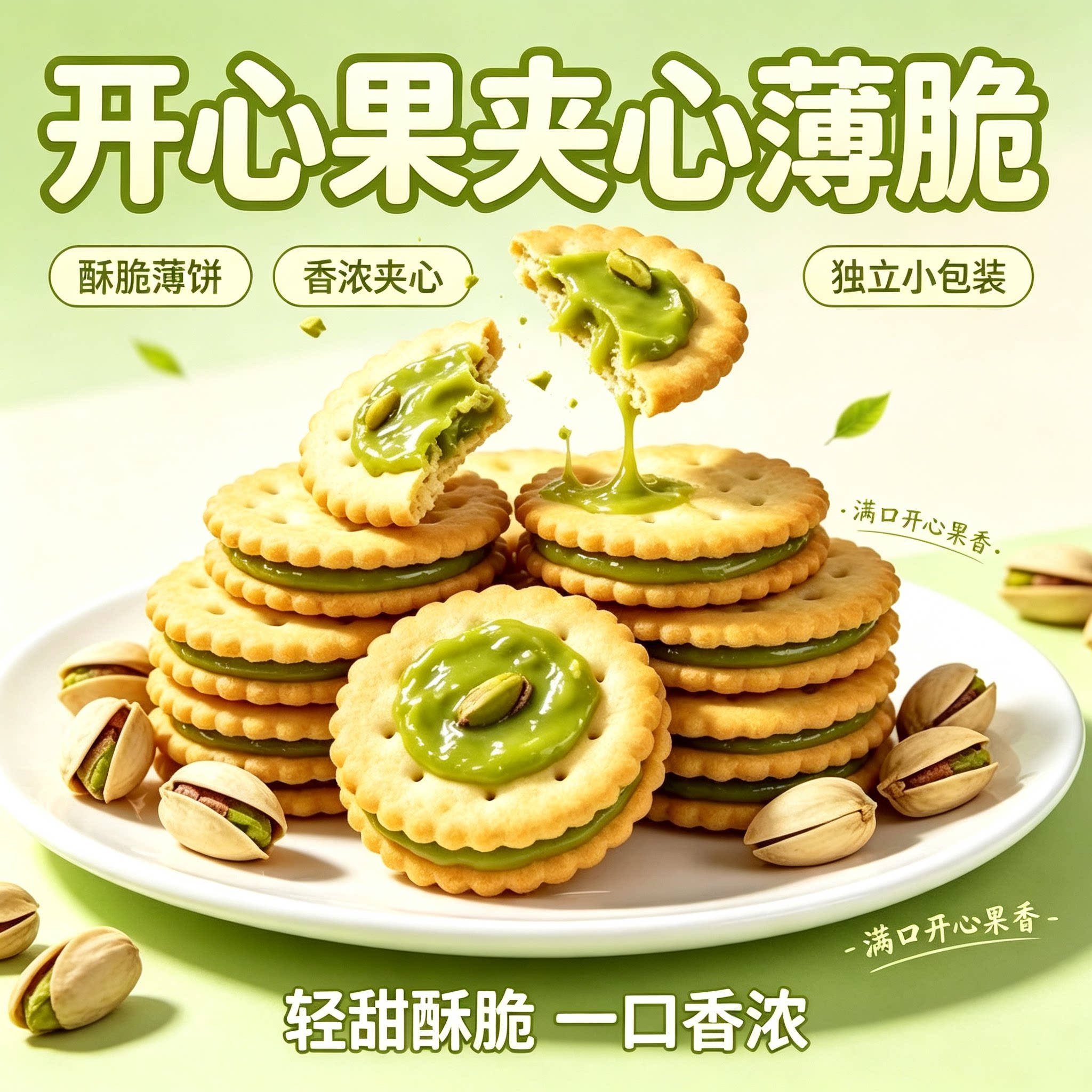 开心果夹心薄脆饼干酥脆浓香夹心小圆饼独立小包装办公下午茶零食