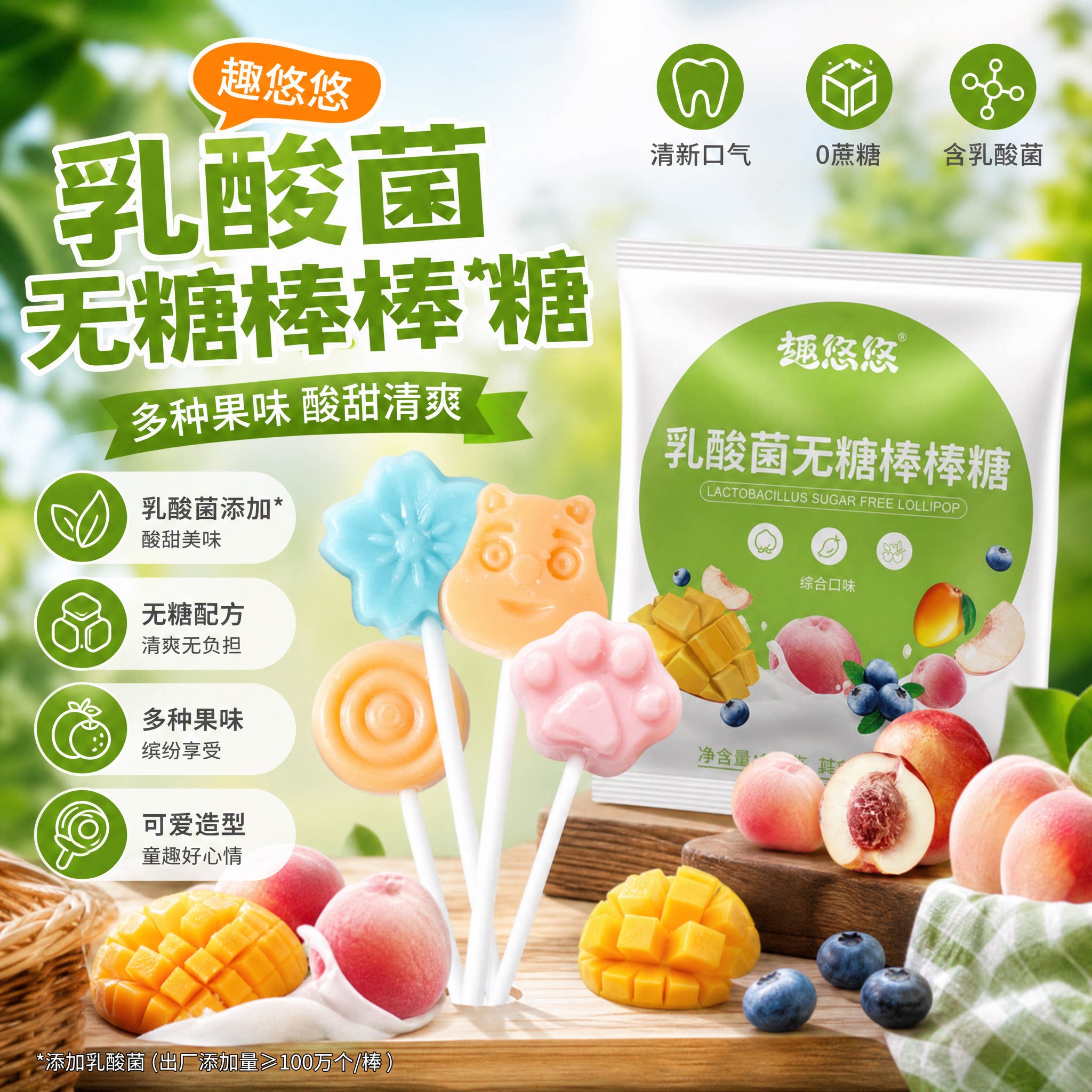 趣悠悠无糖乳酸菌棒棒糖综合口味卡通造型儿童硬糖袋装解馋小糖果