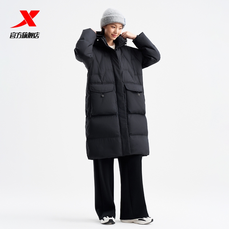 特步中长款羽绒服女士2024年新款冬季加厚保暖棉服运动羽绒外套女